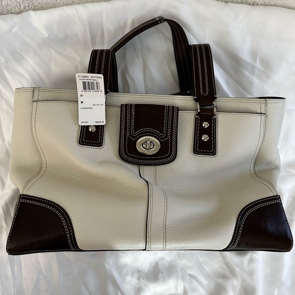 NWT Coach Hampton Pebbled Leather Satchel Handbag Cream & Brown - Picture 1 of 2